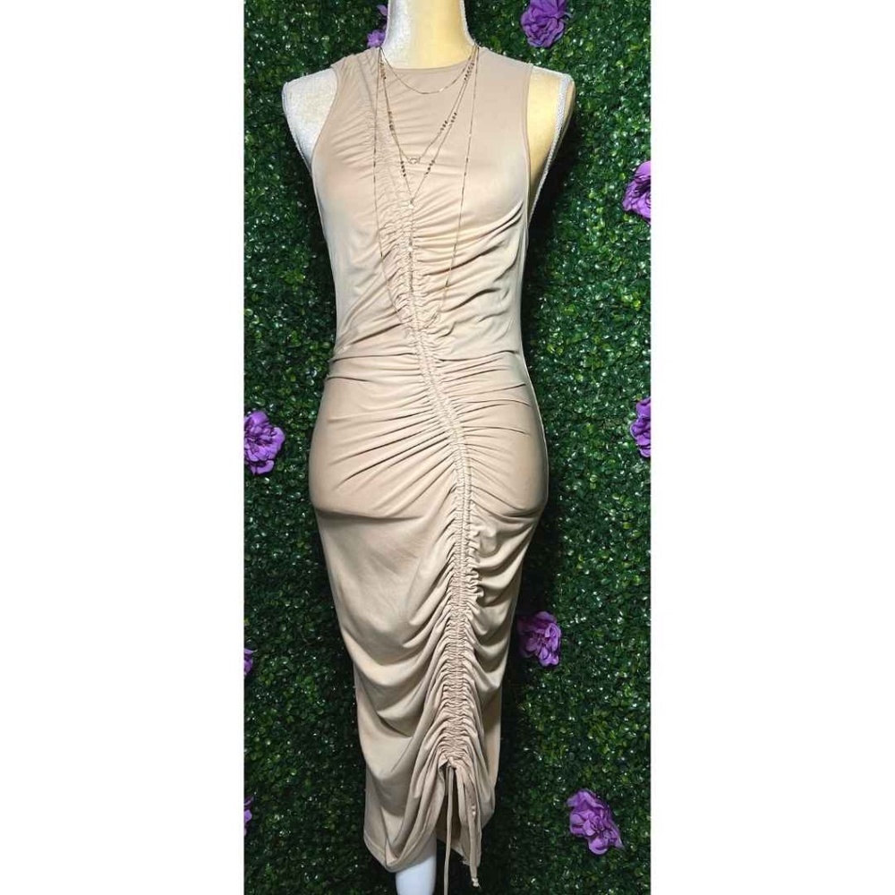 TAUPE ALEGRA FRONT RUCHED DRESS